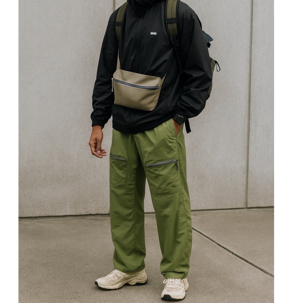 Nylon Pants Men L Olive Green Zip Pockets Wide Leg Gorpcore Techwear Blokecore - Picture 1 of 13